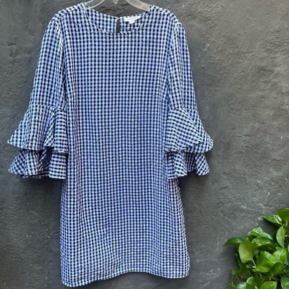 BEACH LUNCH LOUNGE GINGHAM RUFFLE 3/4 SLEEVE MIDI DRESS MEDIUM - Picture 14 of 15